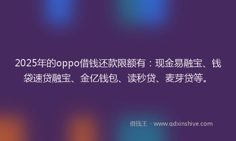 2025年的oppo借钱还款限额有：现金易融宝、钱袋速贷融宝、金亿钱包、读秒贷、麦芽贷等。