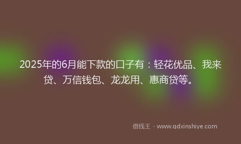 2025年的6月能下款的口子有：轻花优品、我来贷、万信钱包、龙龙用、惠商贷等。