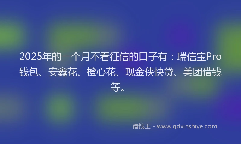 2025年的一个月不看征信的口子有：瑞信宝Pro钱包、安鑫花、橙心花、现金侠快贷、美团借钱等。