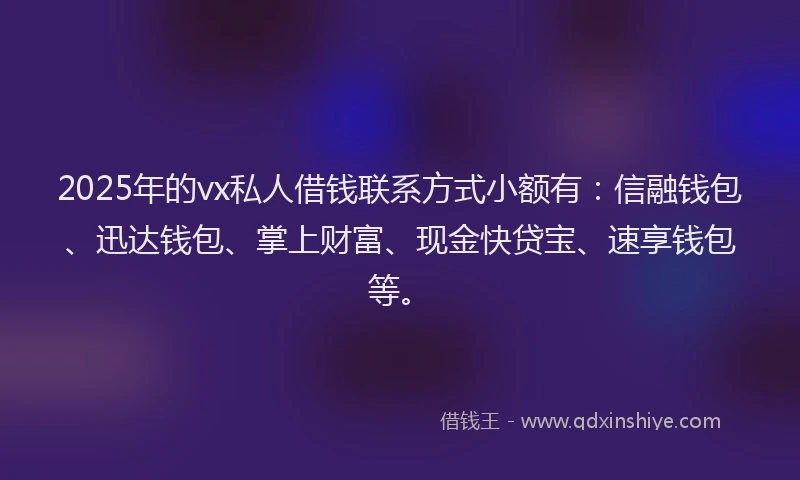 2025年的vx私人借钱联系方式小额有：信融钱包、迅达钱包、掌上财富、现金快贷宝、速享钱包等。