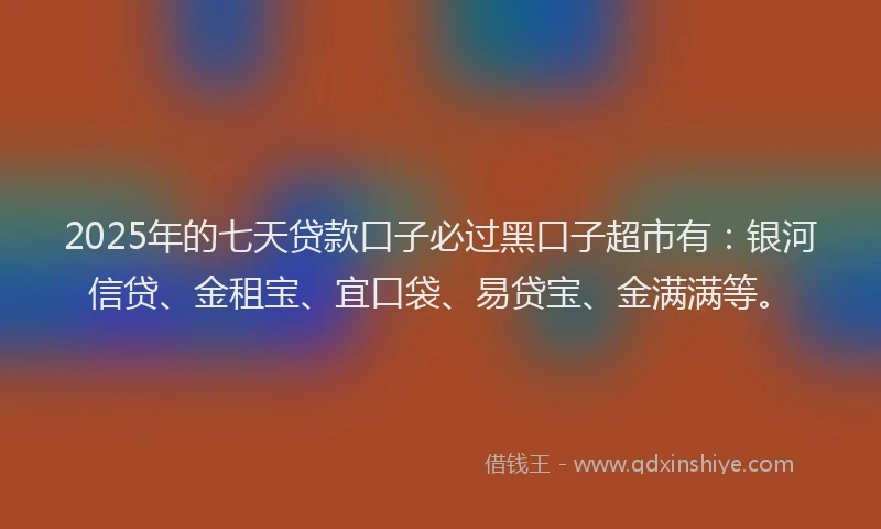 2025年的七天贷款口子必过黑口子超市有：银河信贷、金租宝、宜口袋、易贷宝、金满满等。