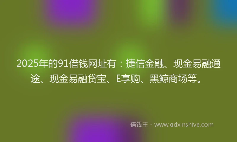 2025年的91借钱网址有：捷信金融、现金易融通途、现金易融贷宝、E享购、黑鲸商场等。