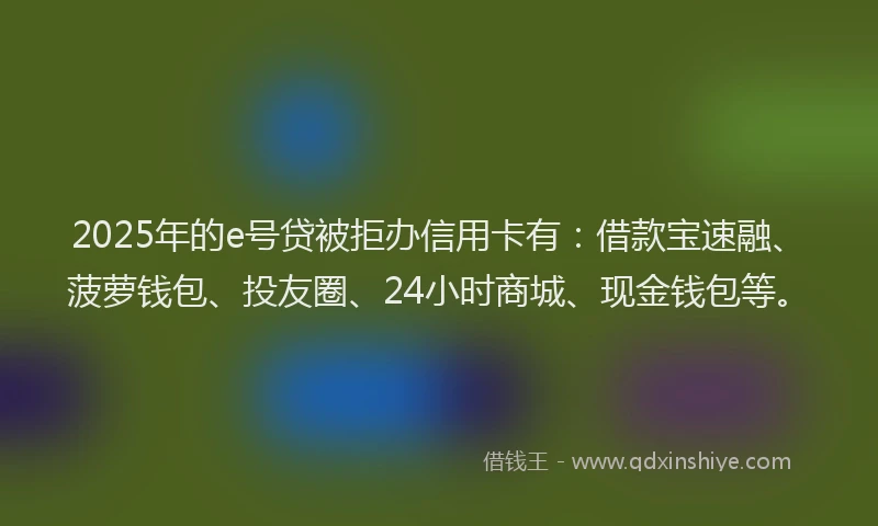 2025年的e号贷被拒办信用卡有：借款宝速融、菠萝钱包、投友圈、24小时商城、现金钱包等。