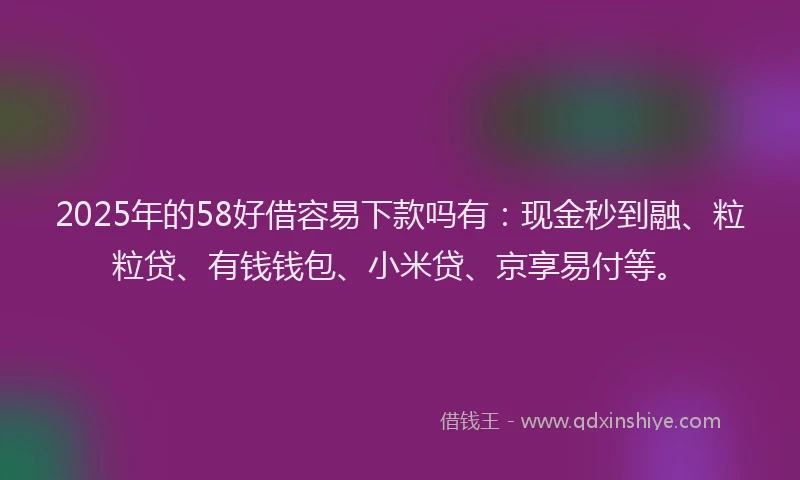 2025年的58好借容易下款吗有:现金秒到融、粒粒贷、有钱钱包、小米贷、京享易付等。
