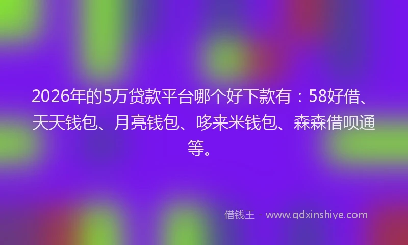 2026年的5万贷款平台哪个好下款有：58好借、天天钱包、月亮钱包、哆来米钱包、森森借呗通等。
