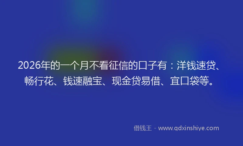 2026年的一个月不看征信的口子有：洋钱速贷、畅行花、钱速融宝、现金贷易借、宜口袋等。