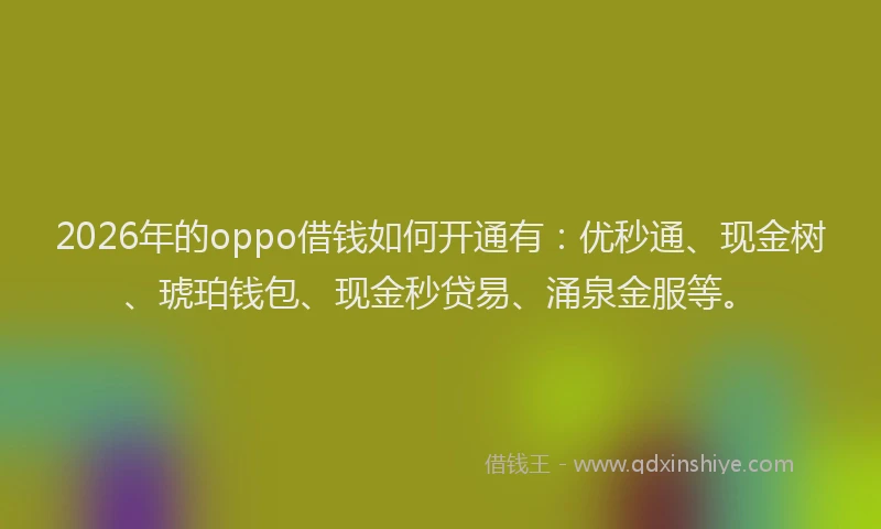 2026年的oppo借钱如何开通有：优秒通、现金树、琥珀钱包、现金秒贷易、涌泉金服等。