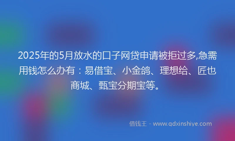 2025年的5月放水的口子网贷申请被拒过多,急需用钱怎么办有：易借宝、小金鸽、理想给、匠也商城、甄宝分期宝等。