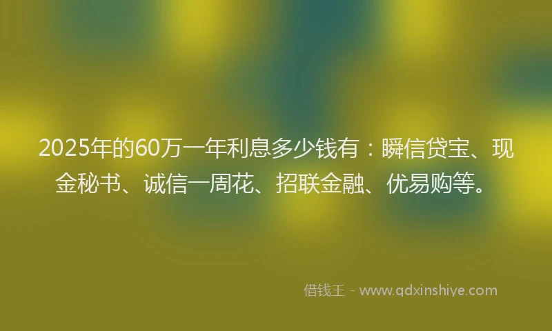 2025年的60万一年利息多少钱有：瞬信贷宝、现金秘书、诚信一周花、招联金融、优易购等。