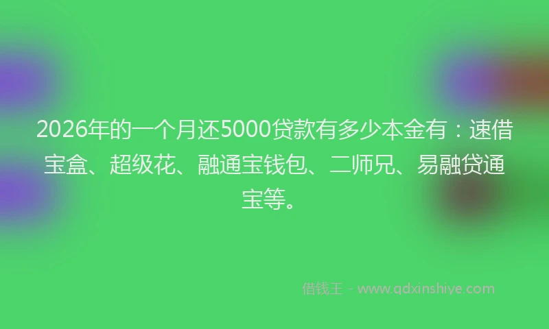 2026年的一个月还5000贷款有多少本金有：速借宝盒、超级花、融通宝钱包、二师兄、易融贷通宝等。
