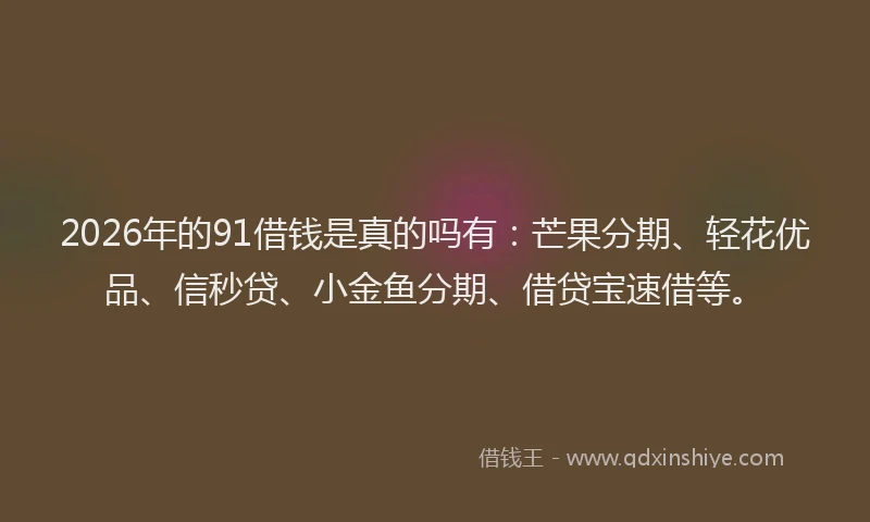 2026年的91借钱是真的吗有:芒果分期、轻花优品、信秒贷、小金鱼分期、借贷宝速借等。