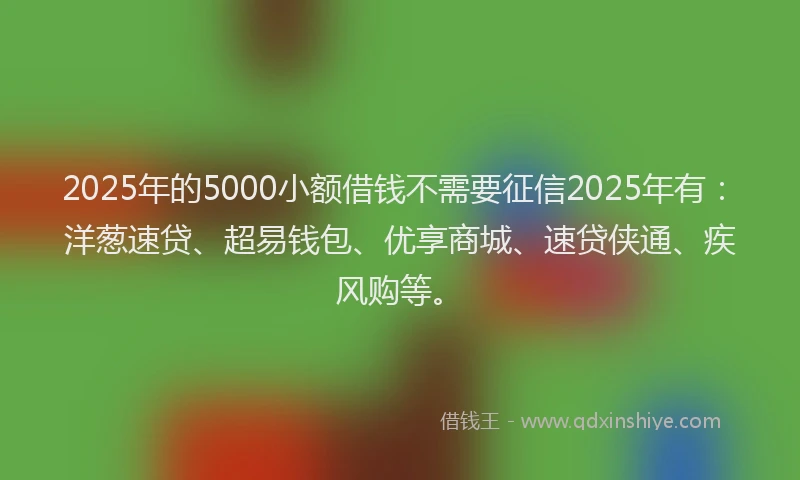 2025年的5000小额借钱不需要征信2025年有:洋葱速贷、超易钱包、优享商城、速贷侠通、疾风购等。