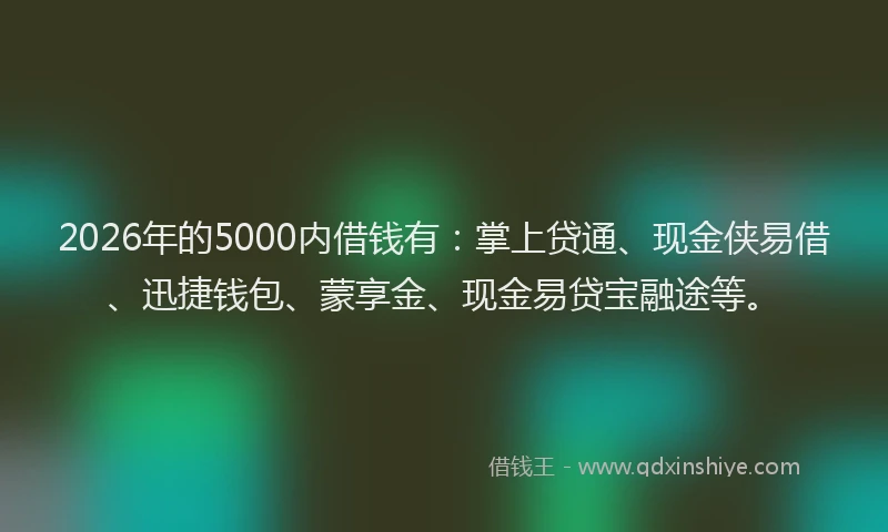 2026年的5000内借钱有：掌上贷通、现金侠易借、迅捷钱包、蒙享金、现金易贷宝融途等。