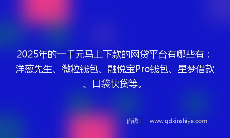 2025年的一千元马上下款的网贷平台有哪些有：洋葱先生、微粒钱包、融悦宝Pro钱包、星梦借款、口袋快贷等。
