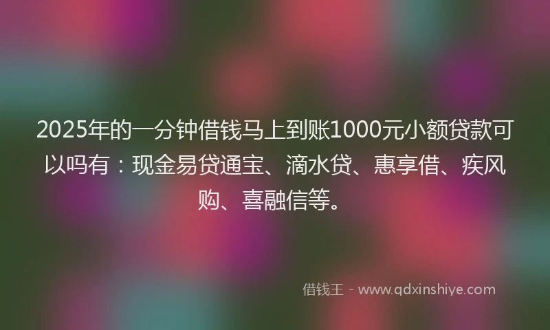 2025年的一分钟借钱马上到账1000元小额贷款可以吗有:现金易贷通宝、滴水贷、惠享借、疾风购、喜融信等。