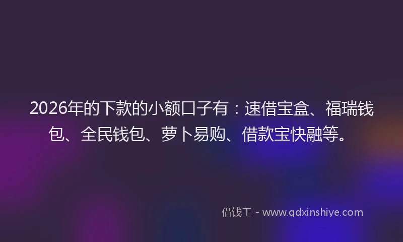 2026年的下款的小额口子有：速借宝盒、福瑞钱包、全民钱包、萝卜易购、借款宝快融等。
