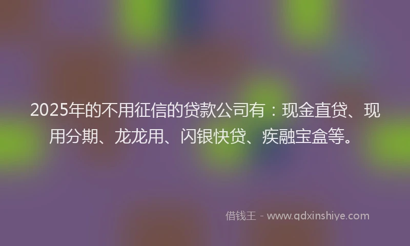 2025年的不用征信的贷款公司有：现金直贷、现用分期、龙龙用、闪银快贷、疾融宝盒等。