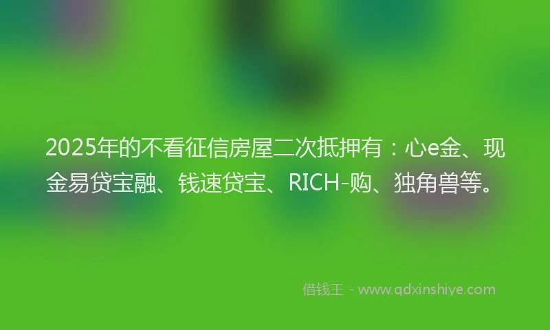 2025年的不看征信房屋二次抵押有：心e金、现金易贷宝融、钱速贷宝、RICH-购、独角兽等。