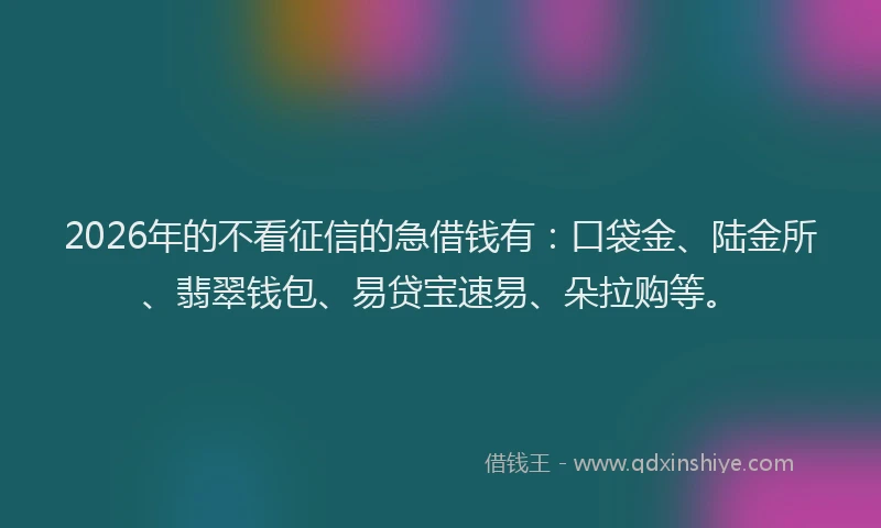 2026年的不看征信的急借钱有：口袋金、陆金所、翡翠钱包、易贷宝速易、朵拉购等。