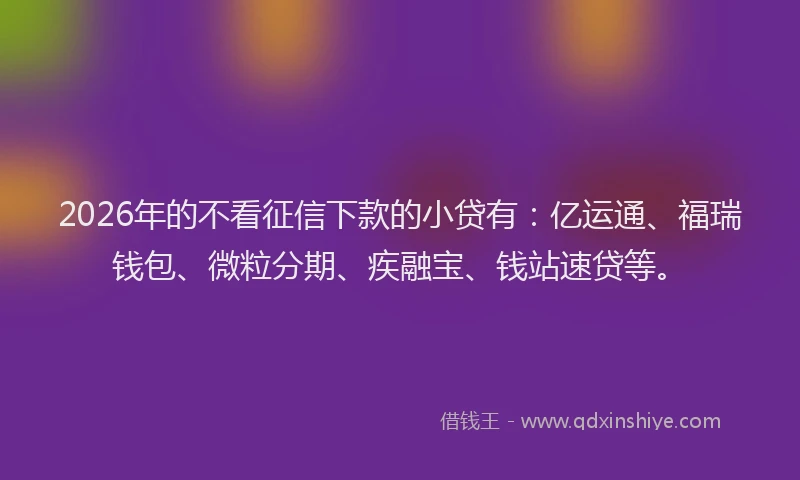 2026年的不看征信下款的小贷有：亿运通、福瑞钱包、微粒分期、疾融宝、钱站速贷等。