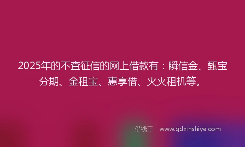 2025年的不查征信的网上借款有：瞬信金、甄宝分期、金租宝、惠享借、火火租机等。