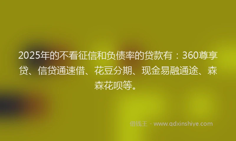 2025年的不看征信和负债率的贷款有：360尊享贷、信贷通速借、花豆分期、现金易融通途、森森花呗等。