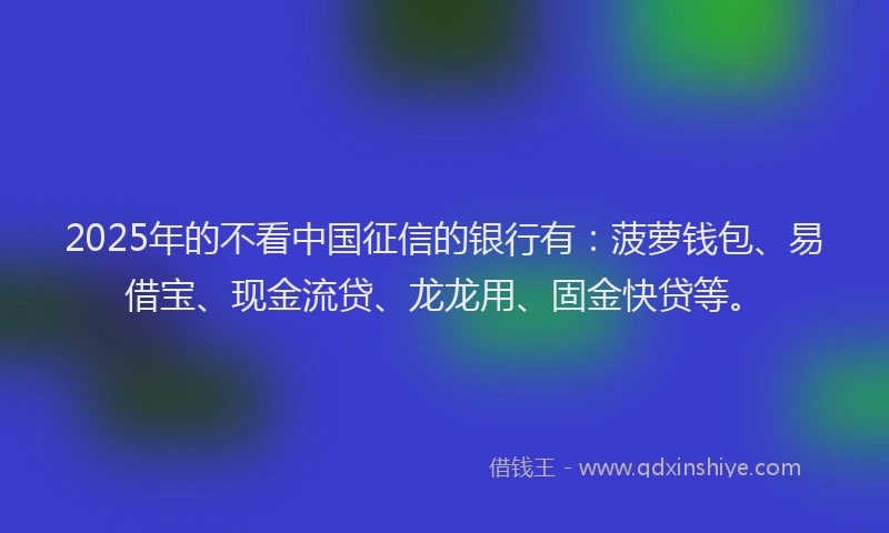 2025年的不看中国征信的银行有:菠萝钱包、易借宝、现金流贷、龙龙用、固金快贷等。