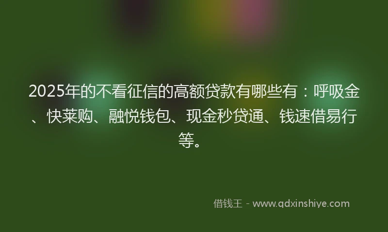 2025年的不看征信的高额贷款有哪些有：呼吸金、快莱购、融悦钱包、现金秒贷通、钱速借易行等。