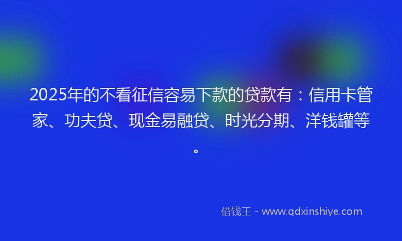 2025年的不看征信容易下款的贷款有：信用卡管家、功夫贷、现金易融贷、时光分期、洋钱罐等。