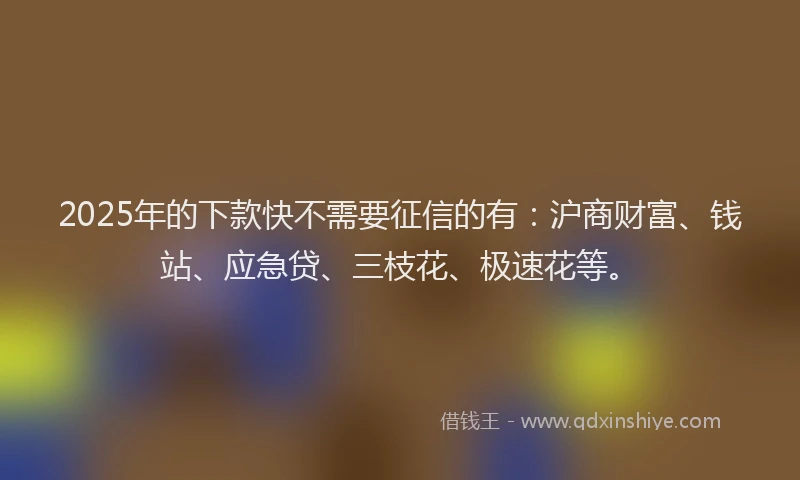 2025年的下款快不需要征信的有：沪商财富、钱站、应急贷、三枝花、极速花等。
