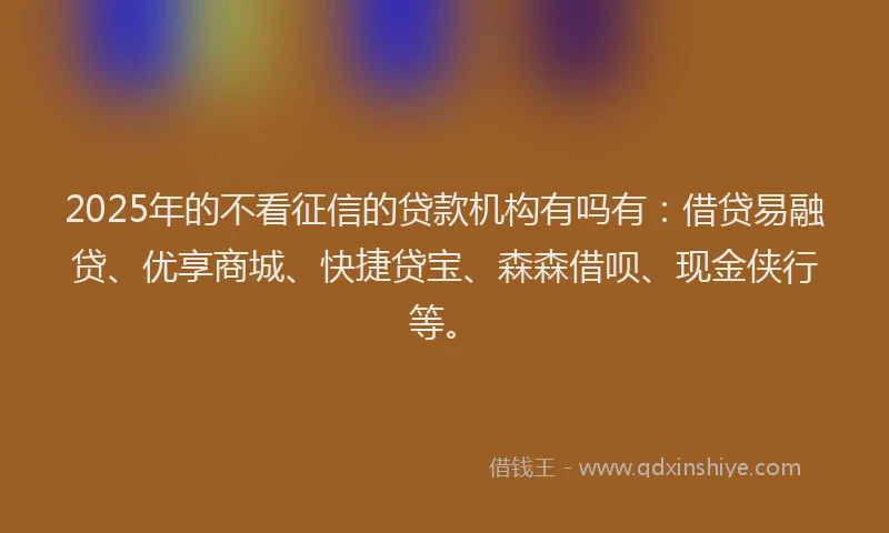 2025年的不看征信的贷款机构有吗有：借贷易融贷、优享商城、快捷贷宝、森森借呗、现金侠行等。