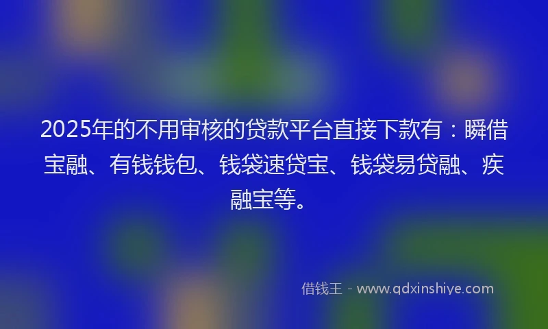 2025年的不用审核的贷款平台直接下款有：瞬借宝融、有钱钱包、钱袋速贷宝、钱袋易贷融、疾融宝等。
