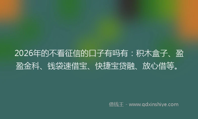 2026年的不看征信的口子有吗有：积木盒子、盈盈金科、钱袋速借宝、快捷宝贷融、放心借等。