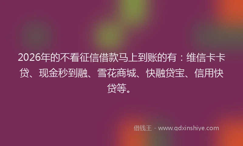 2026年的不看征信借款马上到账的有：维信卡卡贷、现金秒到融、雪花商城、快融贷宝、信用快贷等。