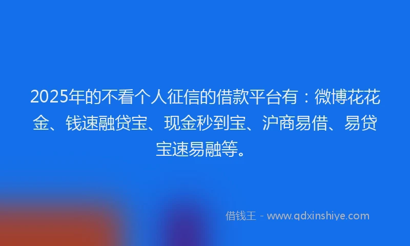 2025年的不看个人征信的借款平台有:微博花花金、钱速融贷宝、现金秒到宝、沪商易借、易贷宝速易融等。