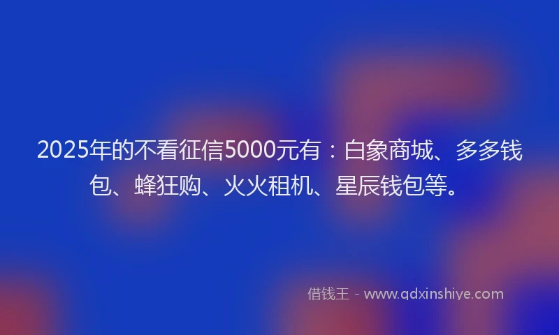 2025年的不看征信5000元有：白象商城、多多钱包、蜂狂购、火火租机、星辰钱包等。
