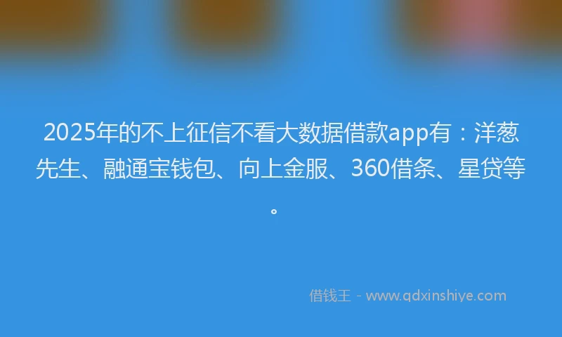 2025年的不上征信不看大数据借款app有:洋葱先生、融通宝钱包、向上金服、360借条、星贷等。