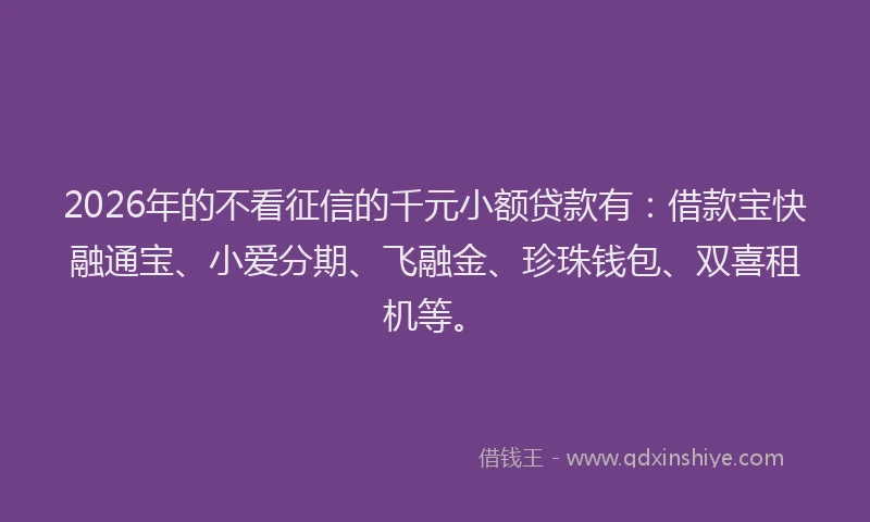 2026年的不看征信的千元小额贷款有：借款宝快融通宝、小爱分期、飞融金、珍珠钱包、双喜租机等。