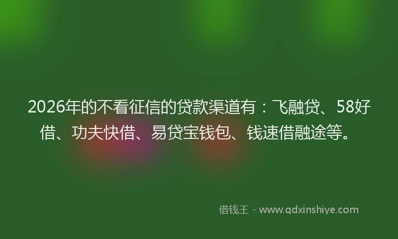 2026年的不看征信的贷款渠道有：飞融贷、58好借、功夫快借、易贷宝钱包、钱速借融途等。