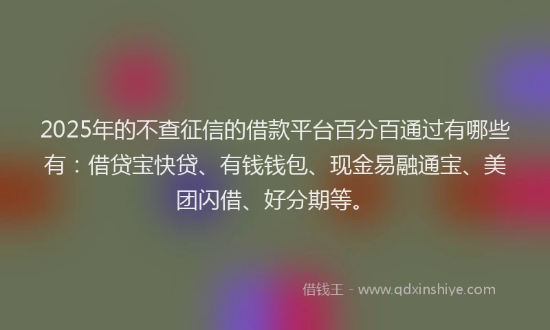 2025年的不查征信的借款平台百分百通过有哪些有：借贷宝快贷、有钱钱包、现金易融通宝、美团闪借、好分期等。