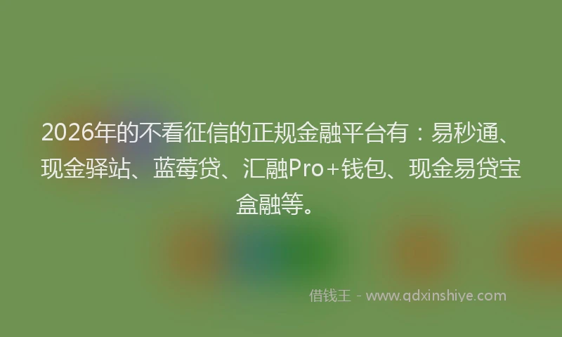 2026年的不看征信的正规金融平台有：易秒通、现金驿站、蓝莓贷、汇融Pro+钱包、现金易贷宝盒融等。