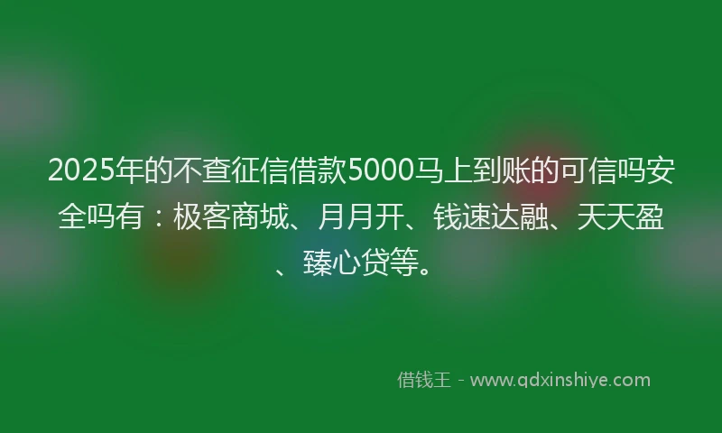 2025年的不查征信借款5000马上到账的可信吗安全吗有：极客商城、月月开、钱速达融、天天盈、臻心贷等。