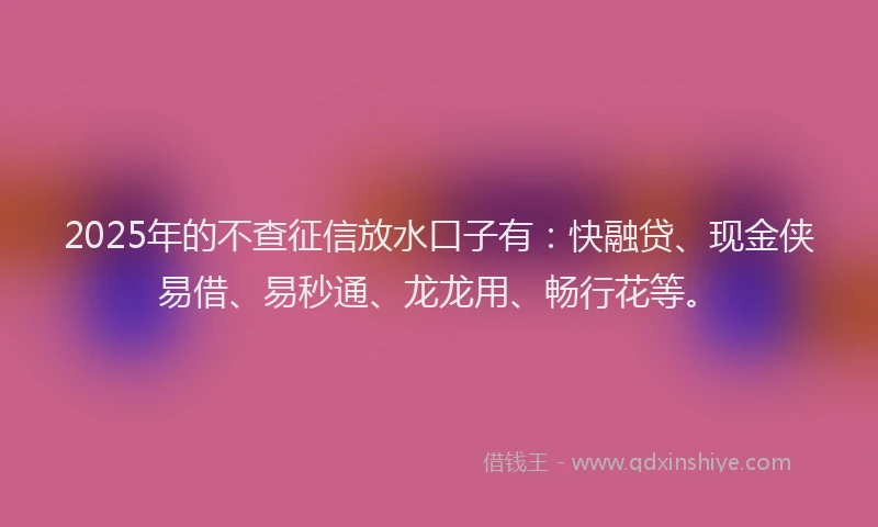 2025年的不查征信放水口子有：快融贷、现金侠易借、易秒通、龙龙用、畅行花等。