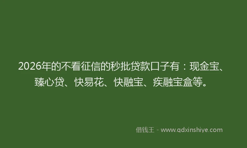 2026年的不看征信的秒批贷款口子有：现金宝、臻心贷、快易花、快融宝、疾融宝盒等。