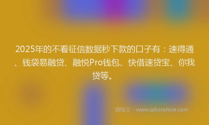 2025年的不看征信数据秒下款的口子有：速得通、钱袋易融贷、融悦Pro钱包、快借速贷宝、你我贷等。