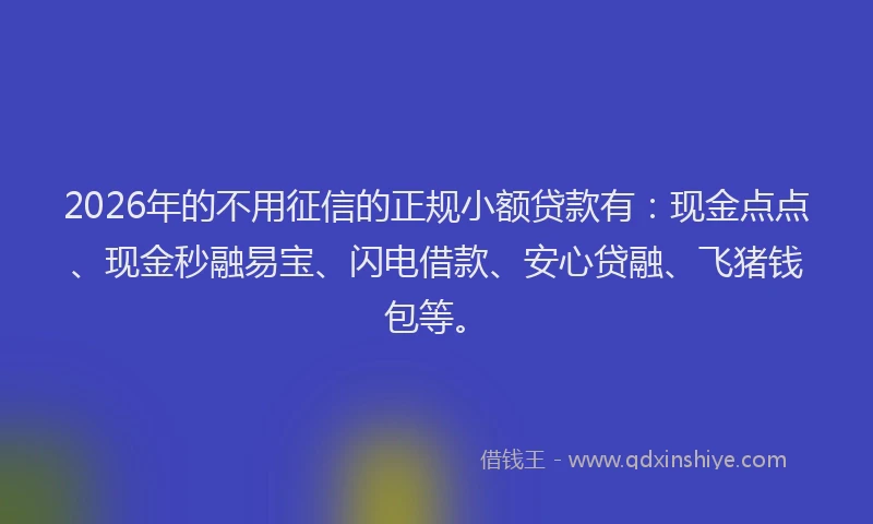 2026年的不用征信的正规小额贷款有：现金点点、现金秒融易宝、闪电借款、安心贷融、飞猪钱包等。
