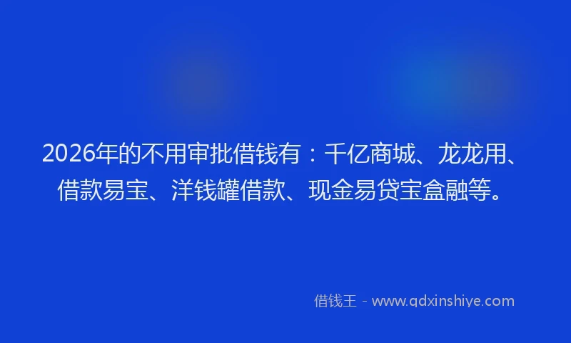 2026年的不用审批借钱有：千亿商城、龙龙用、借款易宝、洋钱罐借款、现金易贷宝盒融等。
