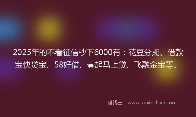 2025年的不看征信秒下6000有:花豆分期、借款宝快贷宝、58好借、壹起马上贷、飞融金宝等。