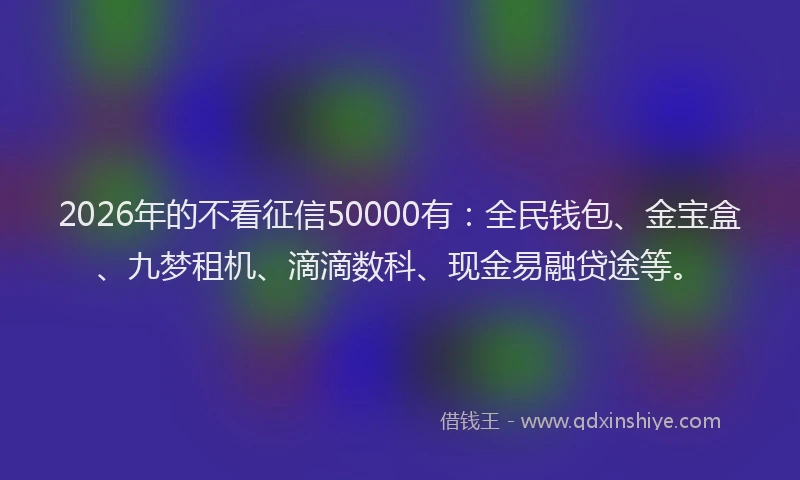 2026年的不看征信50000有：全民钱包、金宝盒、九梦租机、滴滴数科、现金易融贷途等。