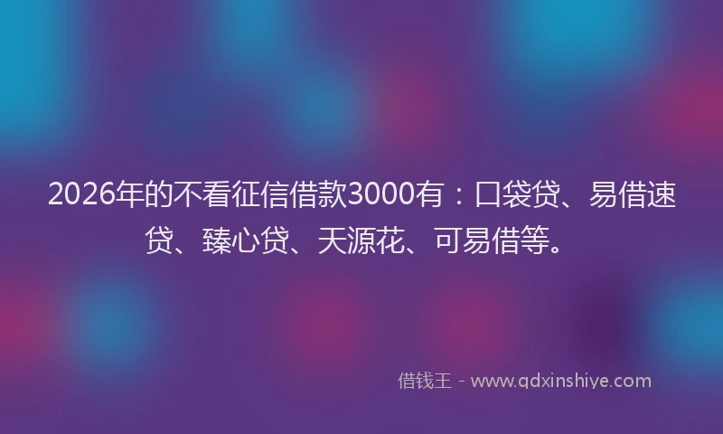 2026年的不看征信借款3000有：口袋贷、易借速贷、臻心贷、天源花、可易借等。